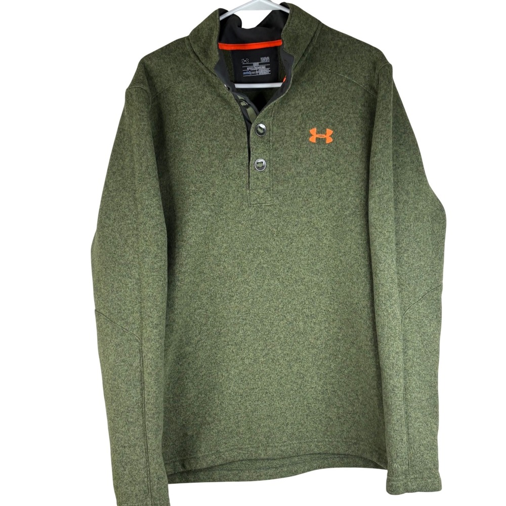 Under Armour Sweater Fleece Pullover Mens Large Green ColdGear Button Mock Neck